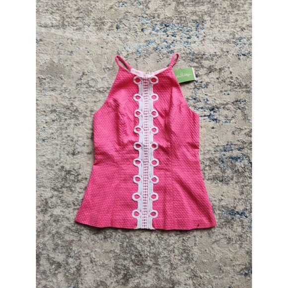 NWT Lilly Pulitzer Womens Size 0 Hot Pink Pique Embroidered Annabelle Halter Top - Picture 1 of 2